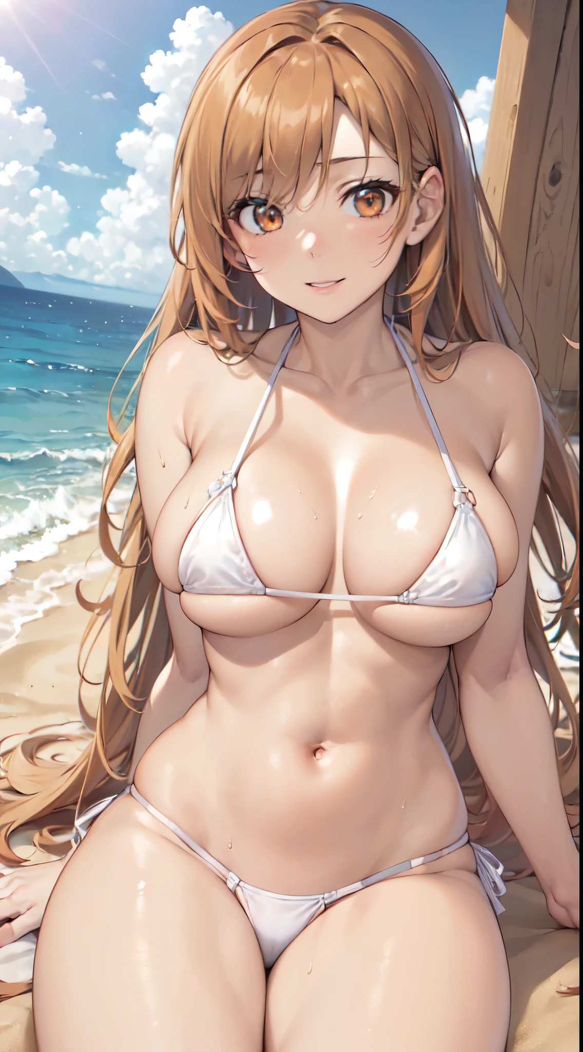 (​masterpiece:1.5),(an animated character:1.3)(24 year old,High school students:1.3),very precise details,(Ultra High Resolution:1.5),(the Extremely Detailed CG Unity 8K Wallpapers:1.4),(Realistic,Photorealsitic,hyper realisitic:1.4),(Perfect female body:1.4),(Curve,Model,Farbe care:1.5),(A slender,neat figure:1.5),Beautiful breasts,Farbe_aberration,beautiful detailed shadow,Beautiful eyes,Beautiful body,Beautiful skin,beautifull hands,(Aesthetic Anime Eyes:1.5),(Perfect female hands:1.4),brightly lit room,Perfect litthing,(Orange Eye,right orange hair:1.3),(Crown Half Up:1.4),(Hair fluttering in the wind:1.4),(Beautiful white micro bikini:1.5),(Large breasts:1.4),(Smile:1.4),(sitting on:1.4),rays of sunshine,during daytime,(beautiful sand beach,beautiful beaches,beautiful ocean:1.4),(sea side,sand beach,Southland:1.4),in Hawaiian beaches,(Wet:1.4),plein air,Beautiful blue sky and white clouds,(Gravure Pose:1.3),
,(white only micro bikini:1.5),