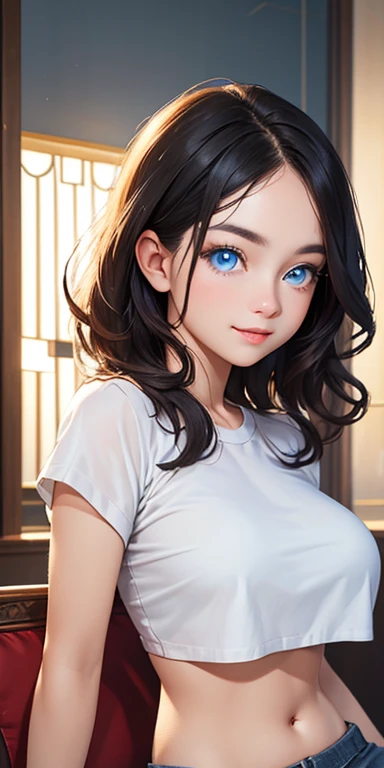 baby face, short black hair,messy hair,wavy hair, (photorealistic:1.4), (masterpiece, sidelights, exquisite beautiful eyes: 1.5), masterpiece*portrait, realistic, 3D face,kawaii face,front view: 1.5、 (glowing blue eyes:1.2),(tareme:1.5)、light smile,Rosy Mouth,Slim Body, shiny hair, shiny skin: 1.5、large breasts:1.3,solo,(sit)、(cutout between underboob and crop top)、(charactor focus:1.5、portrait)、upper body,