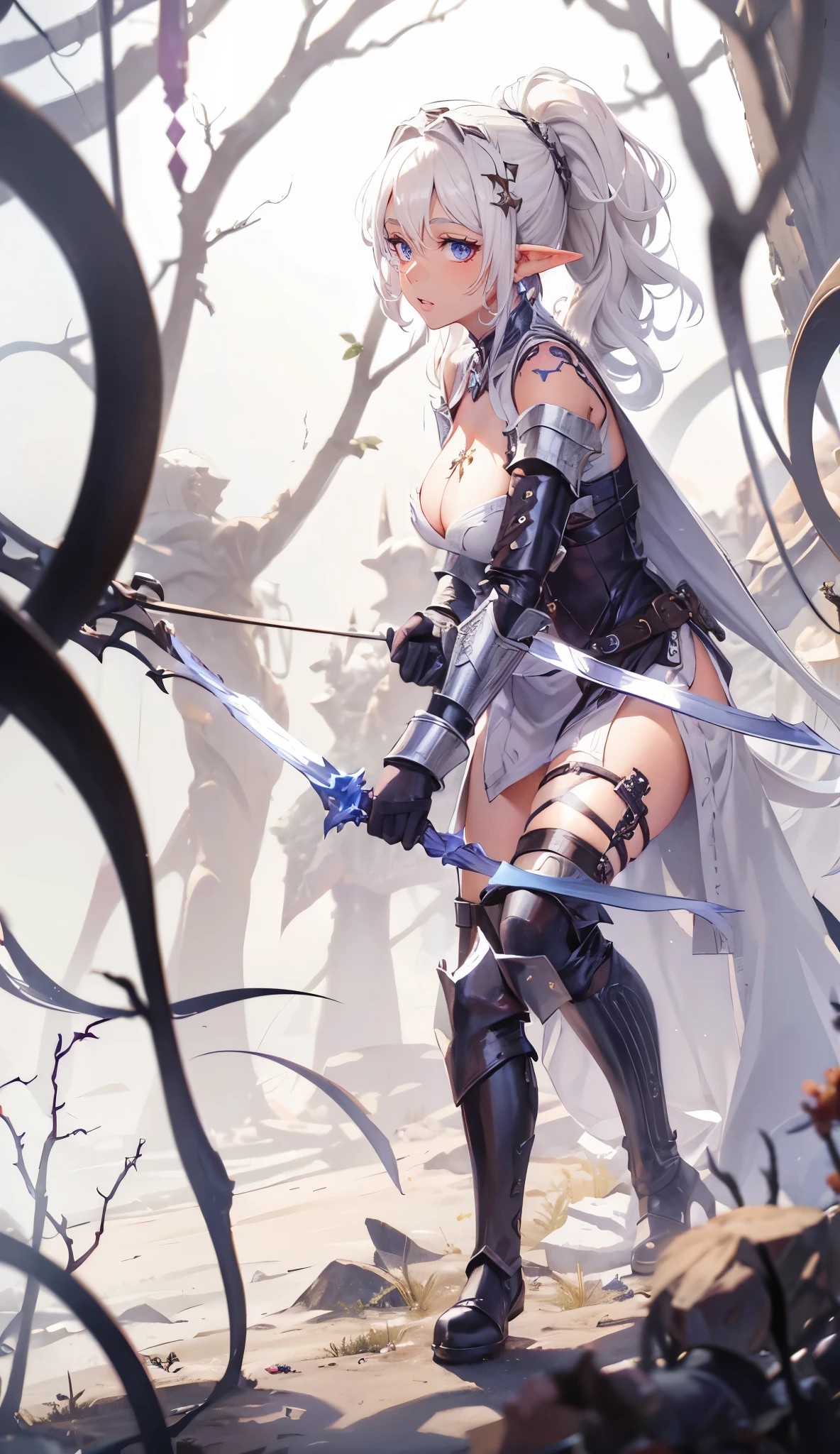 closeup cleavage, The world of dreams, Dark Elf Maiden, curly ponytail, with brown skin , long elf ears, The demons, humanoid creature, Light cloth armor, Her skin is brown, brown skin tone, 黑The eye, , Messy White Hair,low heel boots , armour, worn leather boots, Tattoos are,bag on back