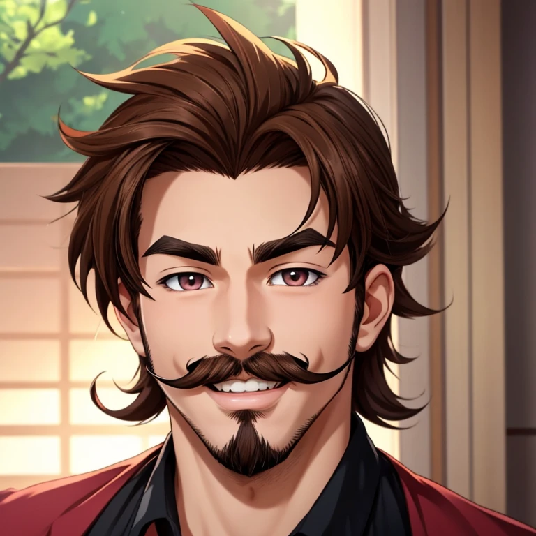 Anime male with nice brown hair and soft lovely eyes. He has a mustache and a goatee. He has pink lips and is smiling and enough to see his teeth.