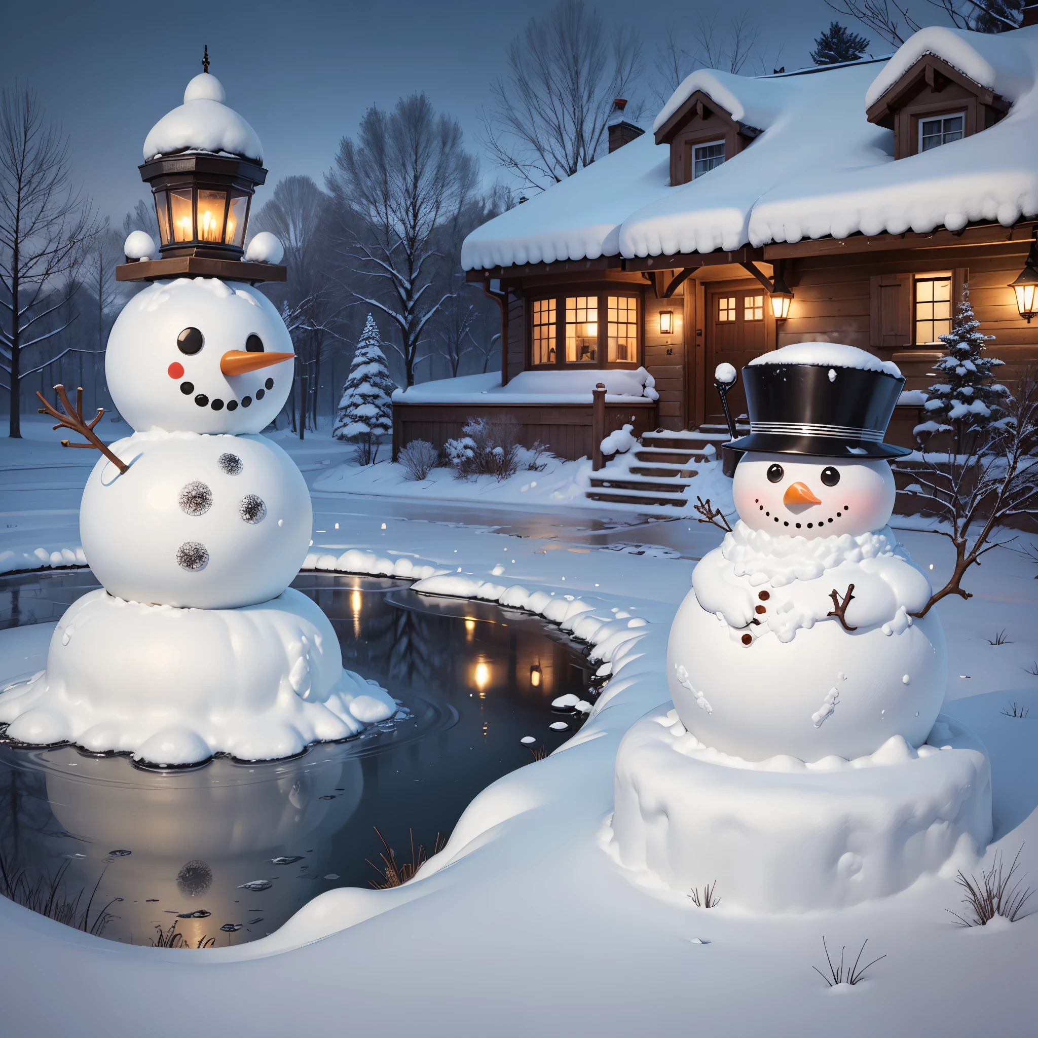 snow covered back yard with a frozen pond and a snowman standing next to a sleigh --auto --s2