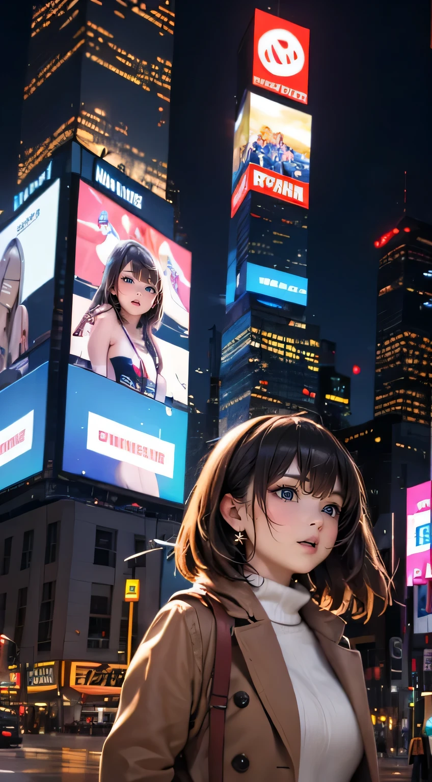 (((a woman is in front of the giant digital billboard at Times Square on Christmas day, all of giant digital billboard is broadcasting the same video about her sexy show))), ((winter clothes with Christmas colors)), looking away, angle from below, (drooping eyes, sleepy, ecstasy face, blush, earrings, many people pass, ((big Christmas tree)),