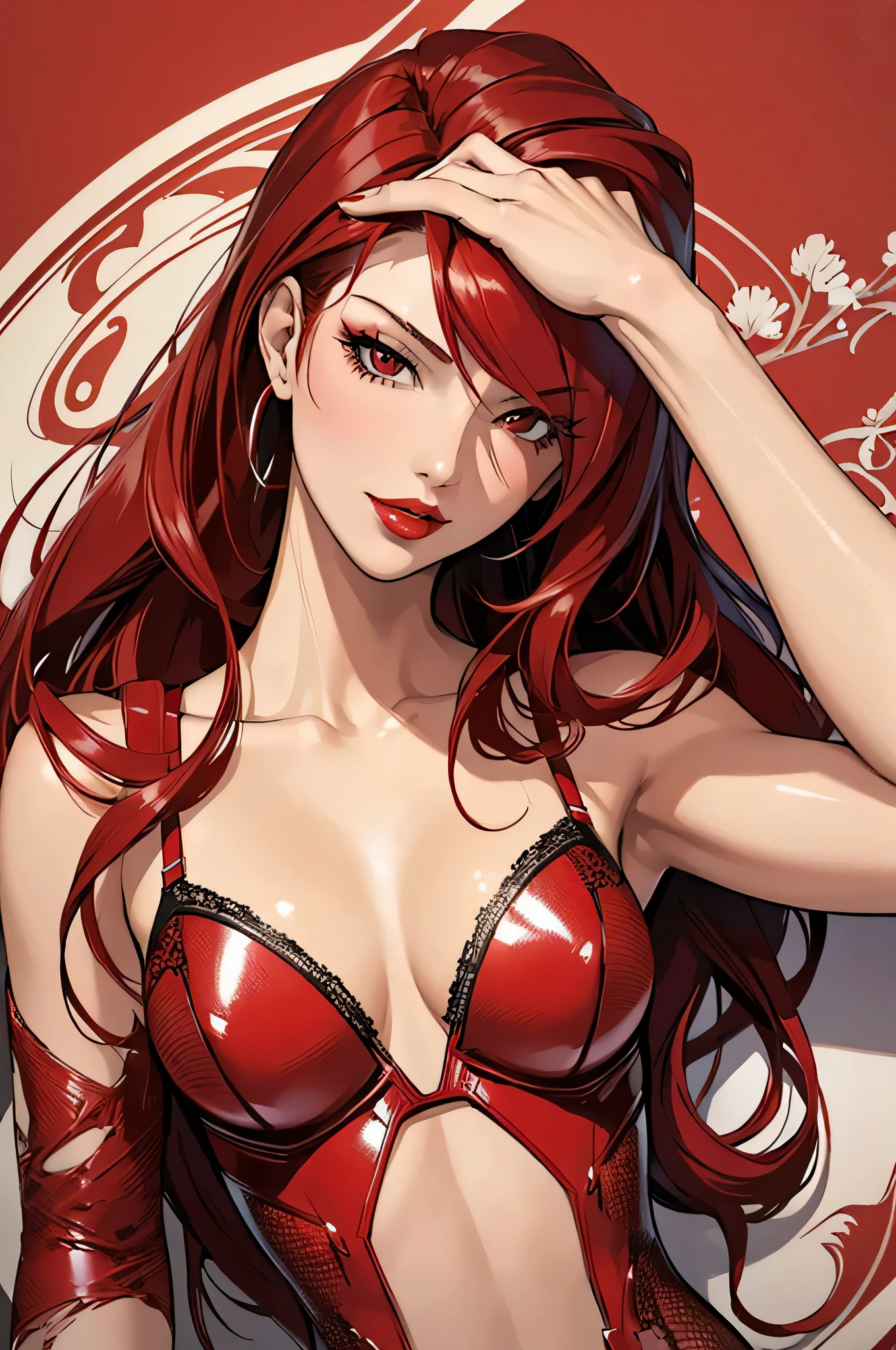 1girl,a beautiful fashion model ,(masterpiece, detailed background, best quality),shiny hair, red hair,smirk,juicy lips,red lips, lingerie, stripping, elegant makeup, exhibitionism, torn spiderman outfit, Persona3Mitsuru, art by j scott campbell