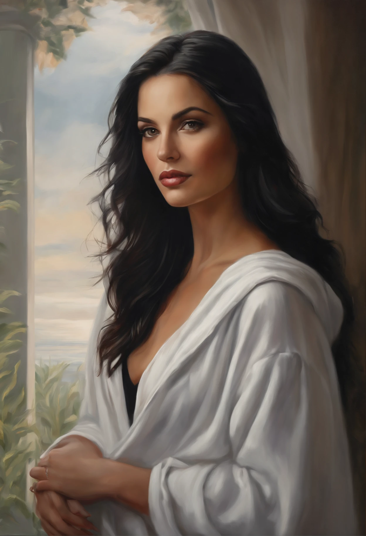 Painting of a woman with long black hair and a white hooded shirt, High Quality Portrait, realistic female portrait, realistic digital painting, detailed beauty portrait, Oil painting of a realistic woman, Detailed beautiful portrait, realistic portrait, detailed color portrait, realistic portrait photo, in the style of oil painting, realistic studio portrait, Digital oil painting, digital art portrait, 64-bit realistic painting