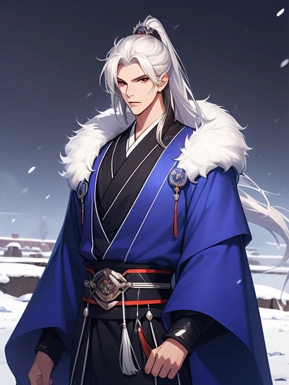 solo person，Messy White Hair , Orange eyes , purple martial arts uniform , Snowy background , Snowy wasteland background, Martial arts costumes , 1male people , Complicated details , perfect generation , male people , musculous , poncho