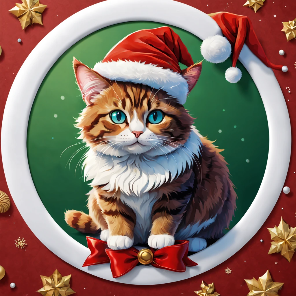 (a sticker,),(A cat wearing a Santa hat in Pixar style),Detailed fur texture,Vivid colors,Ultra-fine painting,Precise brushstrokes on fur.(In circles), (Christmas background), (white border frame)，, ultra - detailed, Detailed diagram, vectorized, 8K, 专业a sticker设计, Graphic design, vector lines, a sticker, Full-HD