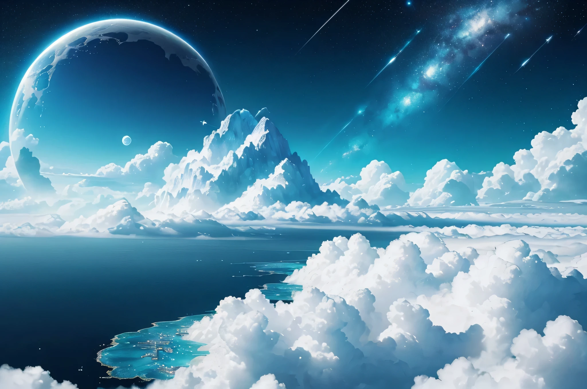 blue白色调，beautful view，beautiful white building，all white fantasy scene，((Super spectacular))，(Different levels of transformation crystals， crystals，Super quality，tmasterpiece，Super refined，A lot of detail，There is fog，美丽的sky sky与恒星和行星，宇宙sky sky的风格场景， sky sky， heaven planet in background，arte de fundo，blue，Glowing white particles，golden colored，mirror ocean，white beach，White bird，Magnificent epic scenery，detailed clouds，sankta