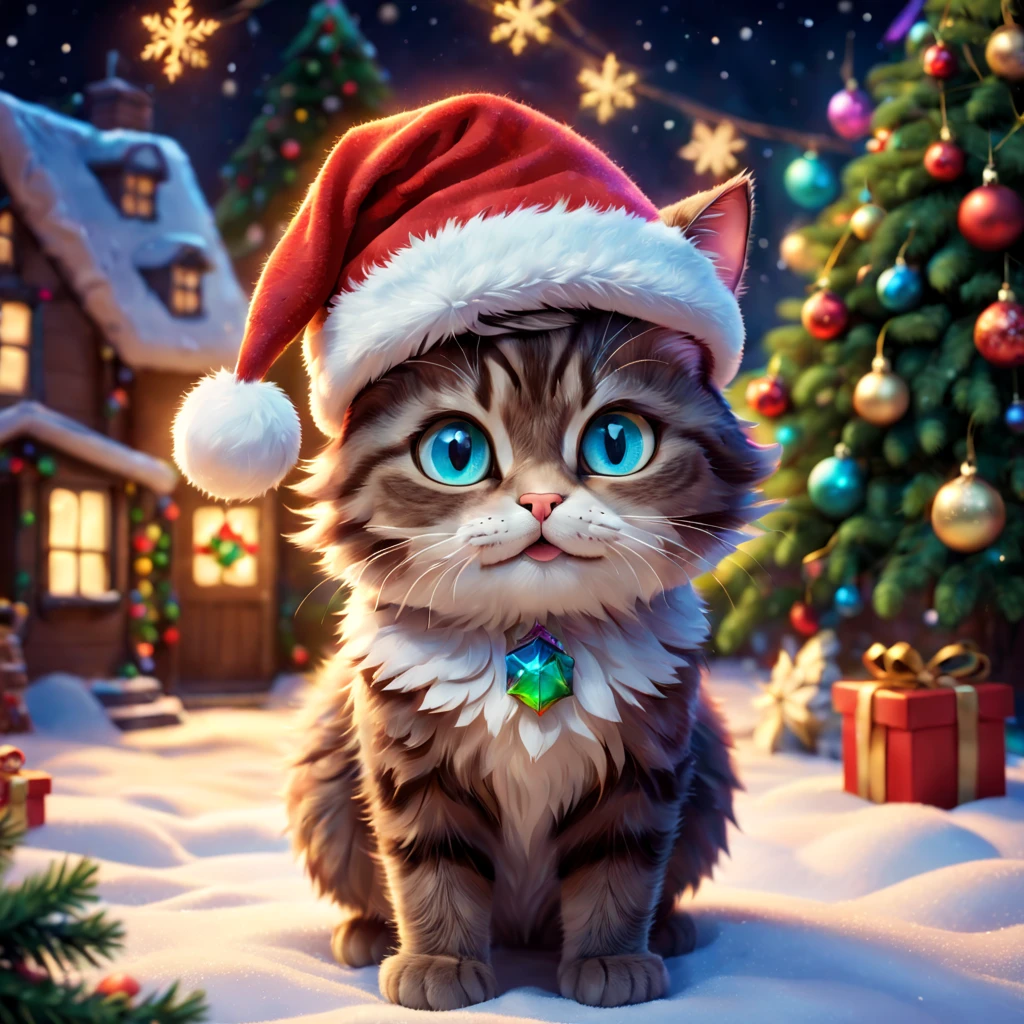 A cat wearing a Christmas hat in Pixar style, (best quality, highres), ultra-detailed, with vibrant colors, cute and expressive eyes, and festive atmosphere, (cartoon, animated, whimsical:1.2), with warm and bright lighting, (festive decorations, snowflakes, Christmas tree), and a joyful expression on its face.