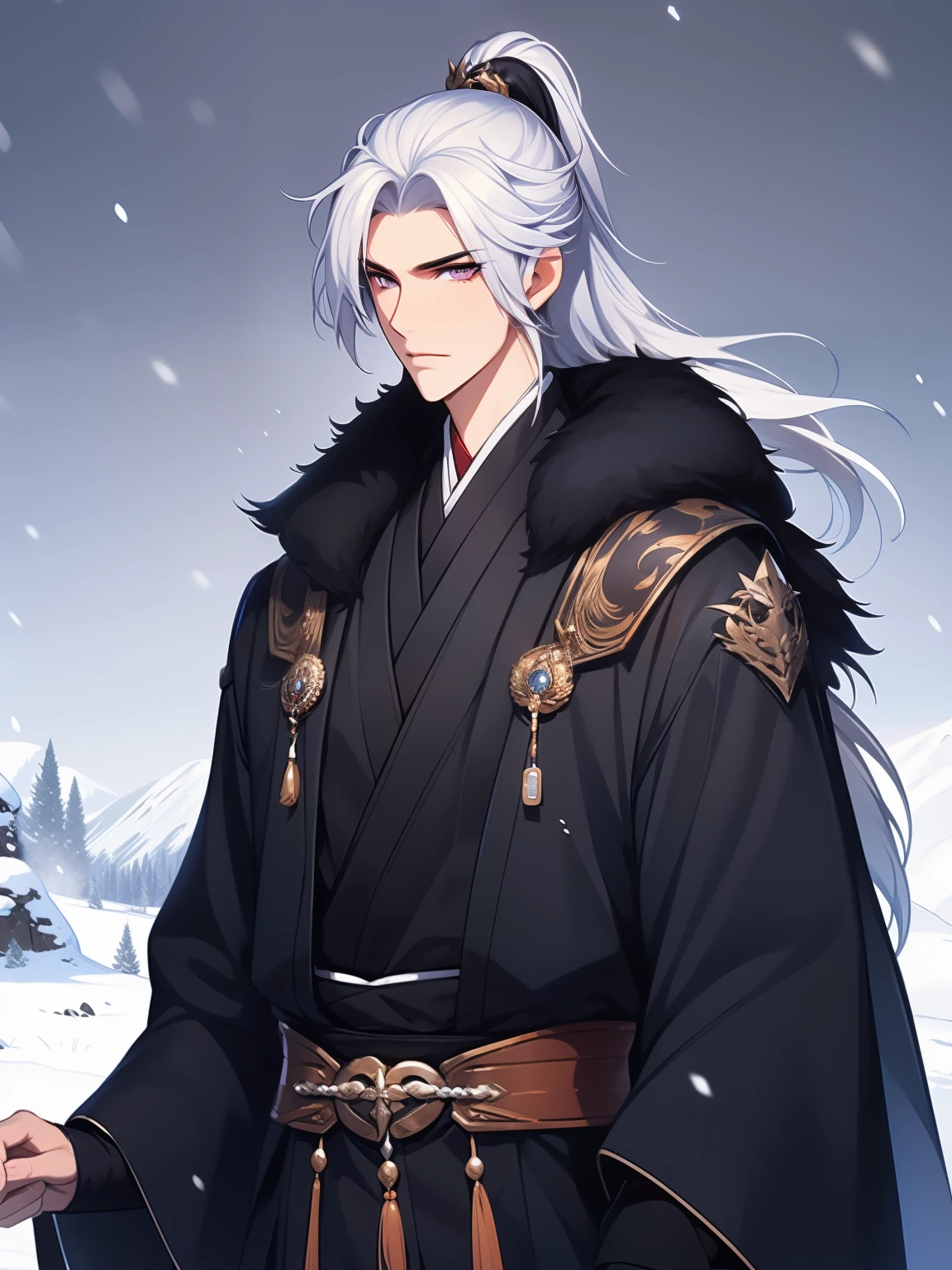 solo person,Messy White Hair , Orange eyes , purple martial arts uniform , Snowy background , Snowy wasteland background, Martial arts costumes , 1male people , Complicated details , perfect generation , male people , musculous , poncho