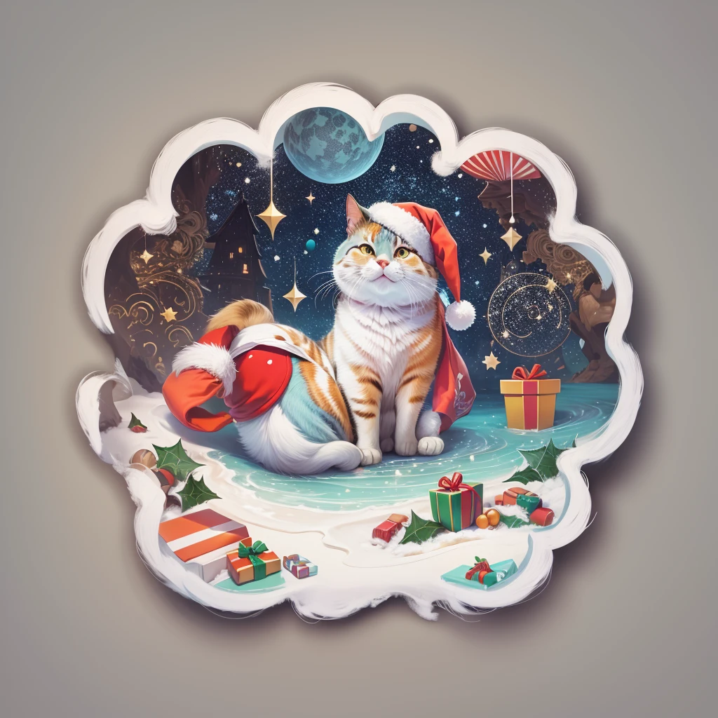(a sticker,),(A cat wearing a Santa hat in Pixar style),Detailed fur texture,Vivid colors,Ultra-fine painting,Precise brushstrokes on fur.(In circles), (Christmas background), (white border frame)，, ultra - detailed, Detailed diagram, vectorized, 8K, 专业a sticker设计, Graphic design, vector lines, a sticker, Full-HD