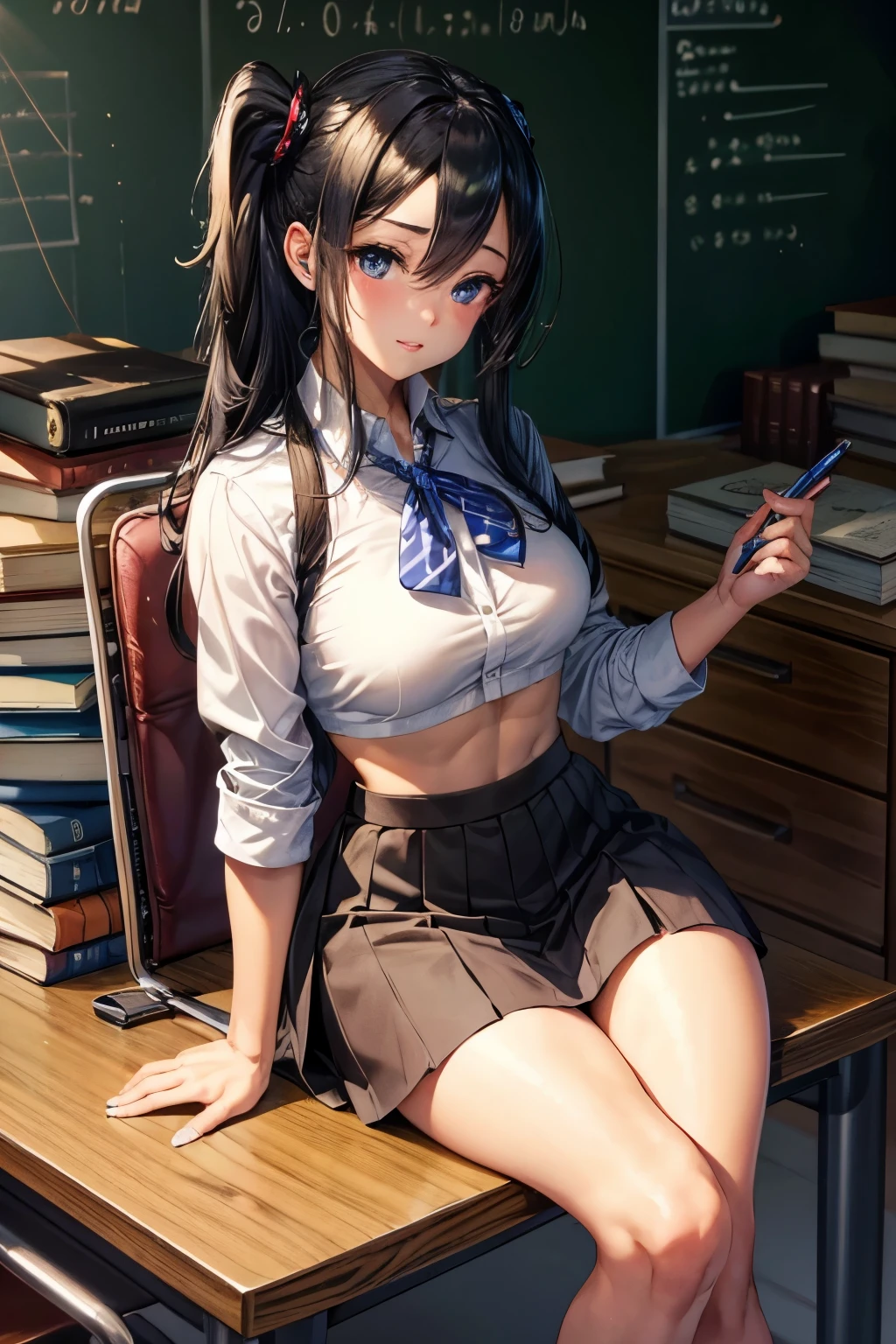 (best quality,photo-realistic:1.37), expressive eyes, perfect face, 1 girl, sitting at a desk in a school class, school uniform, crop top modern, medium boobs, abs six pack, skirt, realistic details on the uniform, shiny leather shoes, curly hair, dark lipstick, natural lighting, vibrant colors, vintage classroom, chalkboard, wooden desks, notebooks and textbooks neatly arranged, a stack of books on the desk, a cup of coffee, a laptop with open textbooks, a pen in hand, focused expression, peaceful atmosphere Hayasaka Ai Form Kaguya Sama