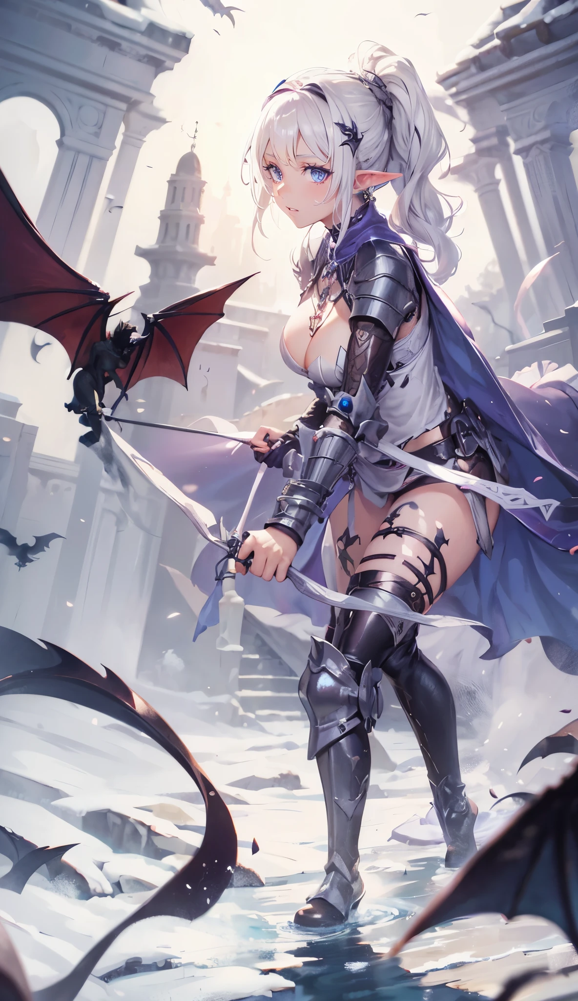 closeup cleavage, The world of dreams, Dark Elf Maiden, curly ponytail,  , long elf ears, The demons, humanoid creature, Light cloth armor, Her skin is brown, brown skin tone, 黑The eye, , Messy White Hair,low heel boots , armour, worn leather boots, Tattoos are,bag on back