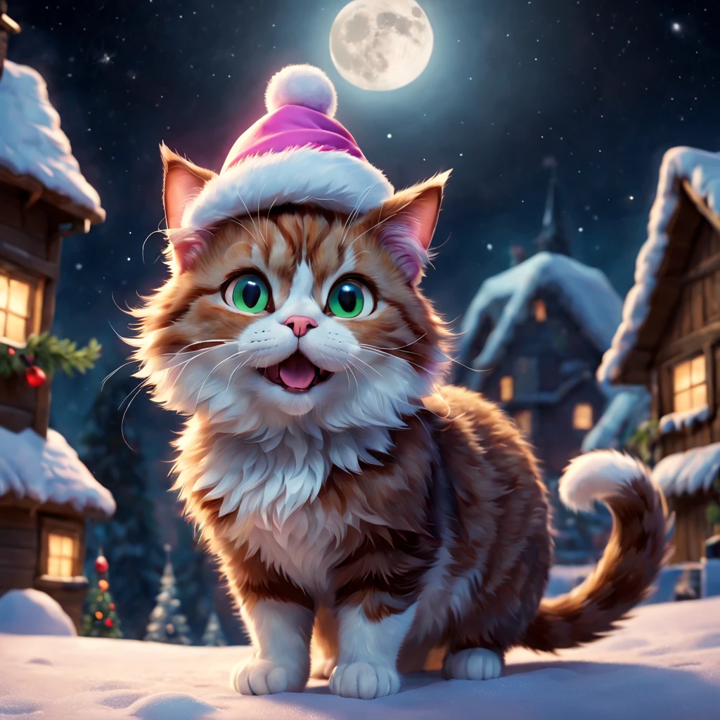 In a winter night sky background, there is a Pixar-style cat wearing a Christmas hat. The cat has bright expressive eyes, a pink nose, and adorable lips. The fur of the cat is fluffy and well-defined. Its face is detailed and full of character. The cat is standing on its hind legs, with a playful and curious expression on its face. Its ears are perked up, showing its alertness. The cat's paws are delicate and agile. The background is filled with sparkling stars and a beautiful full moon, creating a magical atmosphere. The colors in the image are vibrant and vivid, with a warm and cozy color tone. The lighting in the scene is soft and gentle, casting a warm glow on the cat and the surrounding area. The overall image is of the highest quality, with ultra-detailed textures and a realistic and photorealistic style.