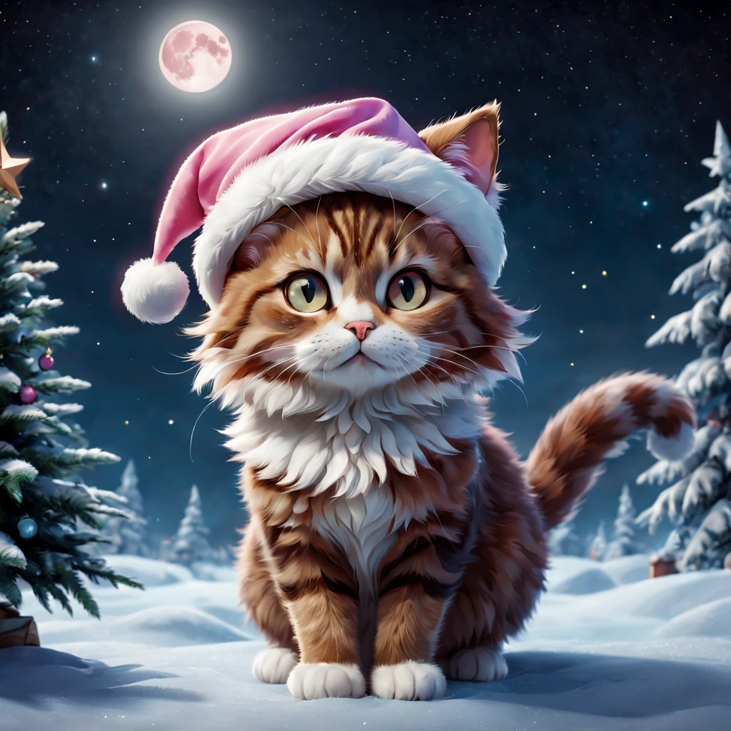 In a winter night sky background, there is a Pixar-style cat wearing a Christmas hat. The cat has bright expressive eyes, a pink nose, and adorable lips. The fur of the cat is fluffy and well-defined. Its face is detailed and full of character. The cat is standing on its hind legs, with a playful and curious expression on its face. Its ears are perked up, showing its alertness. The cat's paws are delicate and agile. The background is filled with sparkling stars and a beautiful full moon, creating a magical atmosphere. The colors in the image are vibrant and vivid, with a warm and cozy color tone. The lighting in the scene is soft and gentle, casting a warm glow on the cat and the surrounding area. The overall image is of the highest quality, with ultra-detailed textures and a realistic and photorealistic style.