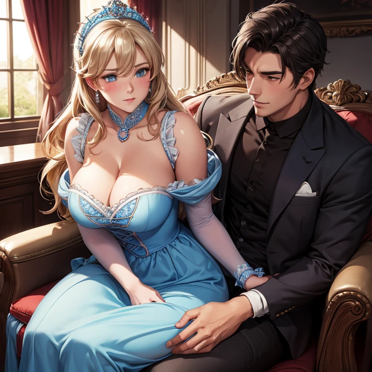 Embarrassed blushing Cinderella sits on the lap of a handsome man, Cinderella sits opposite him