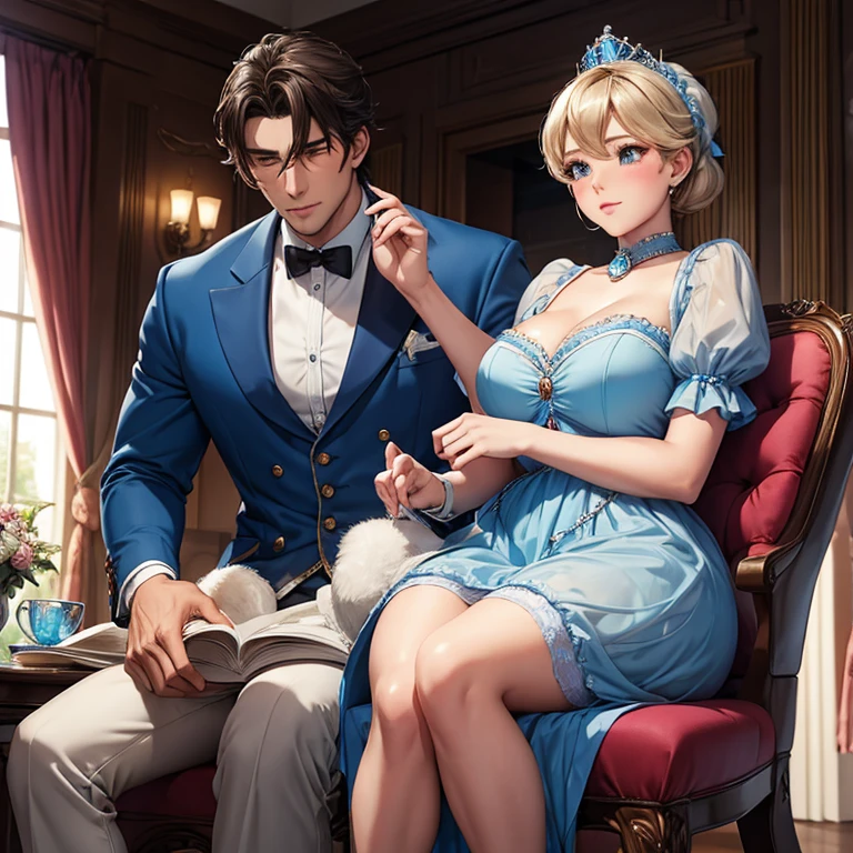 Embarrassed blushing Cinderella sits on the lap of a handsome man, Cinderella sits opposite him