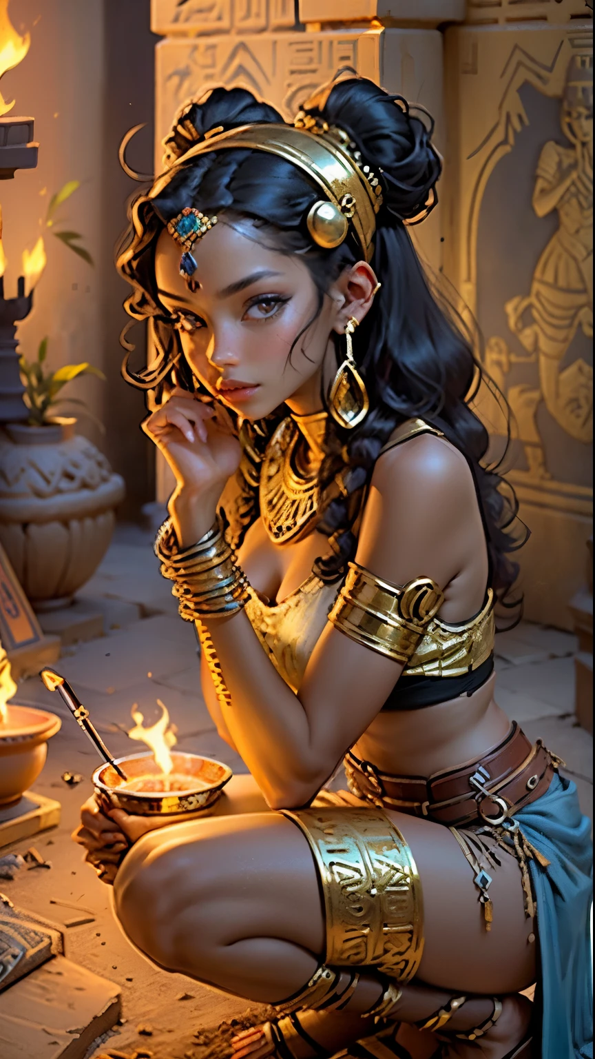 (ancient Egypt, pyramid construction, strenuous labor),(best quality,ultra-detailed,realistic:1.37),illustration,papyrus,revealing hieroglyphics,meticulous carvings,hieroglyphic inscriptions,on-site craftsmen,powerful pharaoh overseeing,temples and obelisks,marble and limestone structures,sand dunes and palm trees,sunlit desert,rich gold and vibrant blue color palette,eerie glow of torches and oil lamps