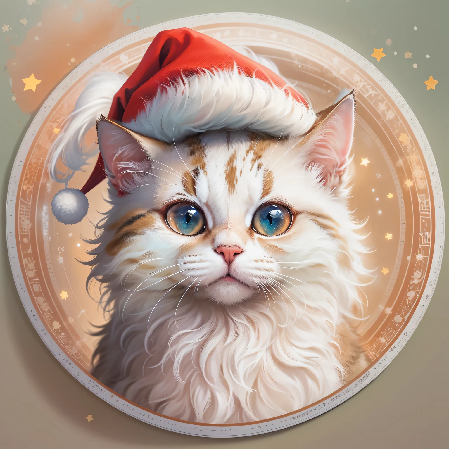 (One sticker,),(A cat wearing a Pixar-style Santa hat),Fine fur texture,vivd colour,Ultra-fine painting,Precise brushstrokes on fur.(In circles), (Christmas background), (white border frame)，, ultra - detailed, Detailed illustration, vectorized, 8K, 专业One sticker设计, Graphic design, vector lines, One sticker, Full-HD