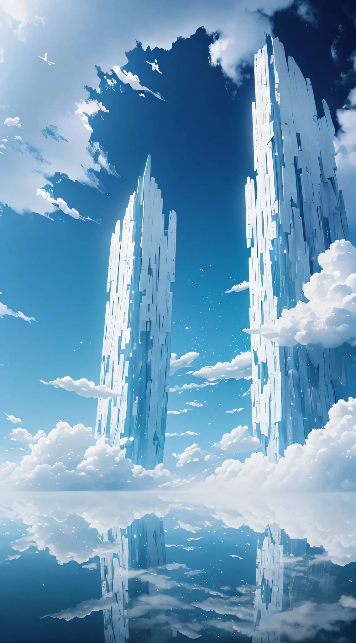 blue白色调,beautful view,beautiful white building,all white fantasy scene,((Super spectacular)),(Different levels of transformation crystals, crystals,Super quality,tmasterpiece,Super refined,A lot of detail,There is fog,美丽的sky sky与恒星和行星,宇宙sky sky的风格场景, sky sky, heaven planet in background,arte de fundo,blue,Glowing white particles,golden colored,mirror ocean,White beach,White bird,Magnificent epic scenery,detailed clouds,Holy