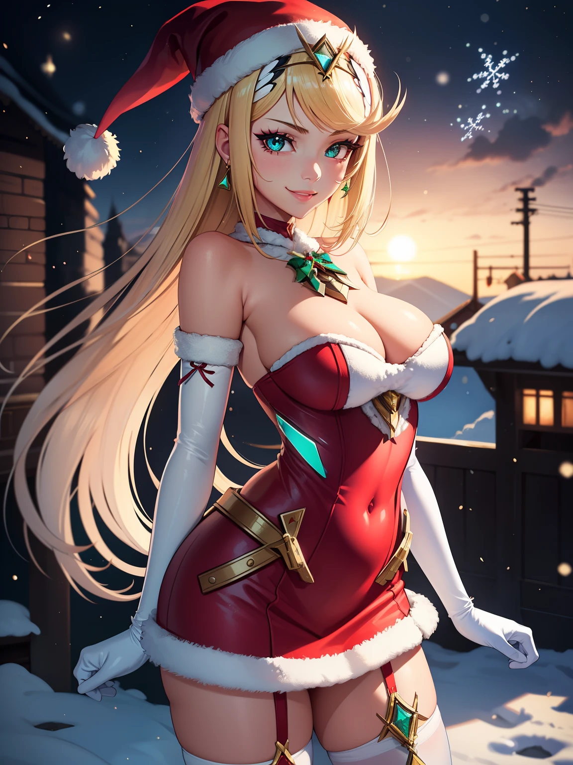 1girl, solo, masterpiece, best quality, high res, highly detailed, (illustration), beautiful detailed eyes,mythra \(xenoblade\) ,glossy lips, makeup, smile, long white satin elbow gloves, cowboy shot, (santa), red santa dress, santa hat, strapless dress, full body, white elbow gloves