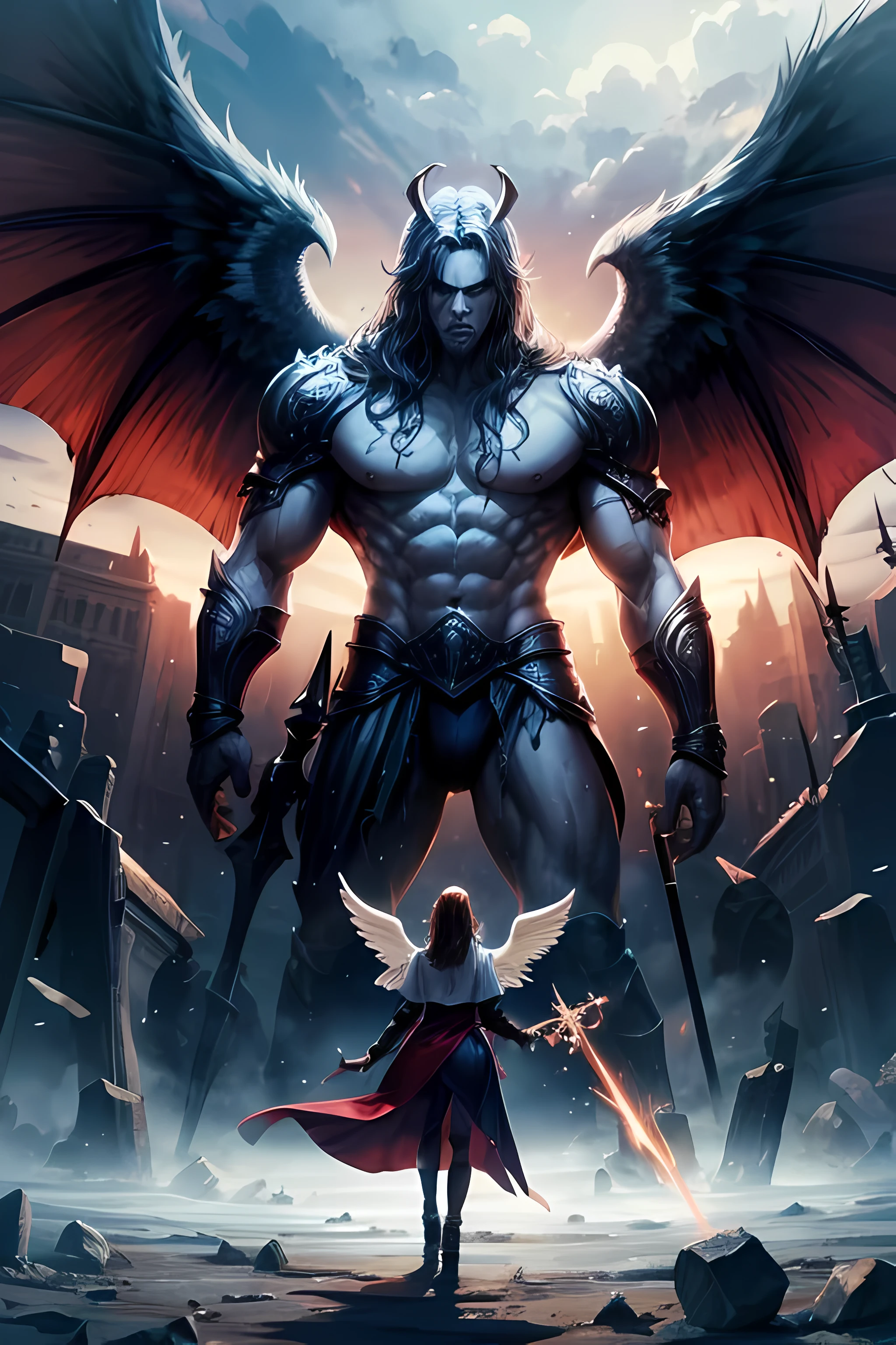 Angels vs demons. Giant battle at the pearly gates.