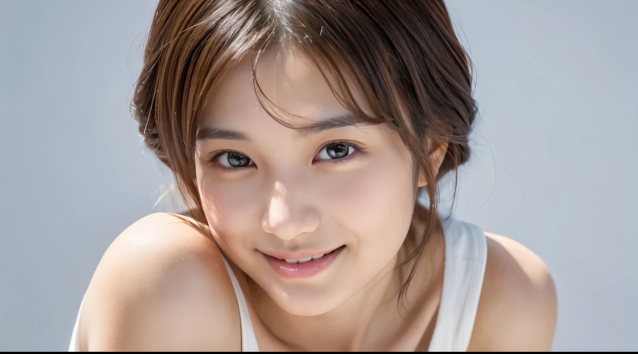 Young japanese lady, 30s, White background, It features a simple背景, white-brown hair, slender, 4K, in 8K, High quality, Beauty, Smile, Beautiful eyes, It features a simple, High resolution,1 person,Beautiful skins,Beautiful skin