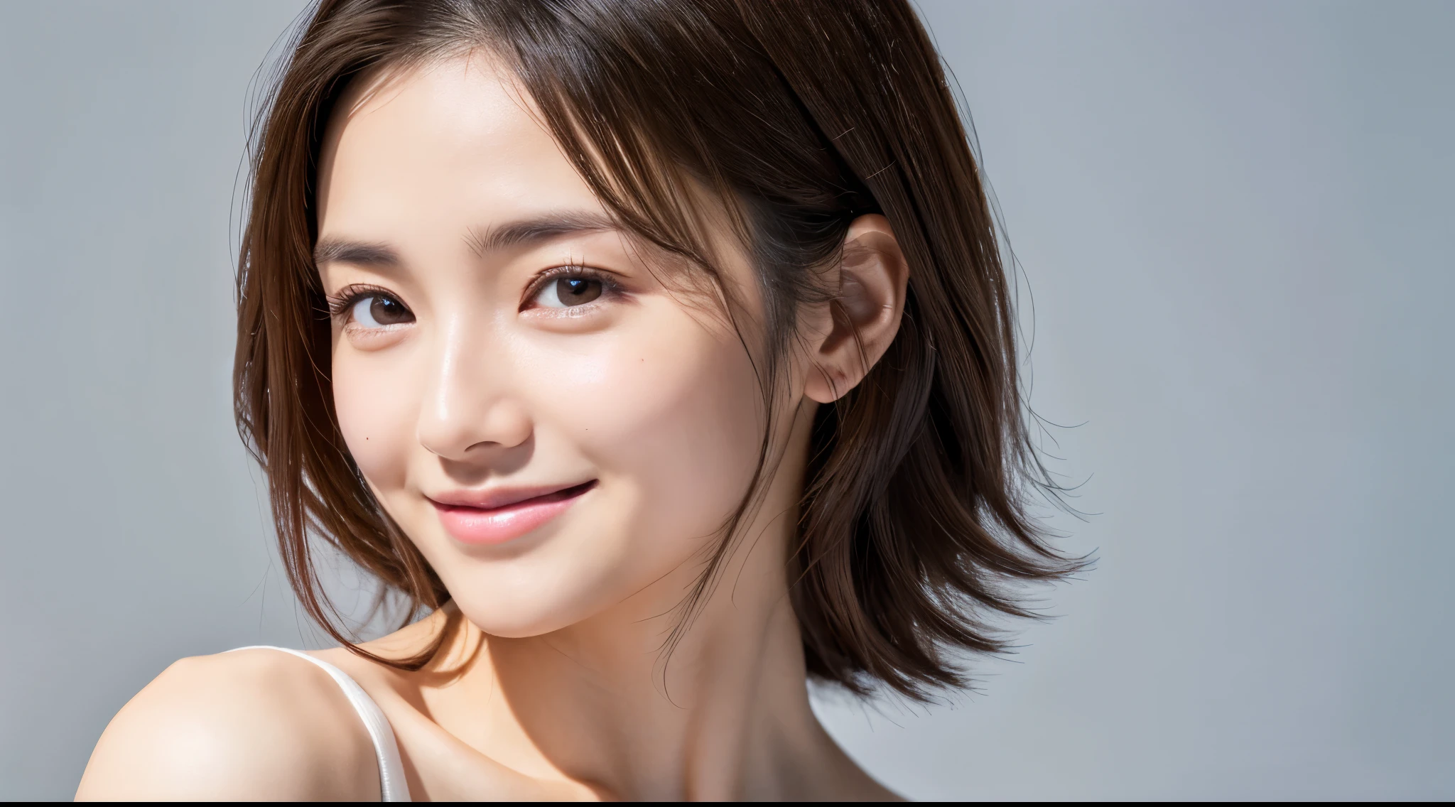 (8k, RAW photos, top quality, high resolution: 1.1), (hyperrealistic: 1.4), (realistic, photorealistic: 1.3), 30 years old, soft light, cleavage, girl, realistic face, realistic body, realistic skin, absurdity, masterpiece, (cute: 1.8), cuties, solo, (big: 1.2), detailed black eyes, innocent eyes, blush, (t-shirt(1.2), Cinemalite, Film Grain, Jewelry, Earrings, ((Short Bob Hair: 1.1)), (Floating Hair Nova Frog Style)), Cherry Colored Lips, Hair Ribbon, Hair Ribbon, Ponytail, Close Up, Look Viewer, Upper Body, Open Lips, Upper Teeth, (Smile Eyes: 0.6), ((grinning: 1.2)), depth of field, Blurry background, eye focus, bokeh, young, 85mm lens, f/1.4, professional lighting, young, portrait, photon mapping, radiosity, physically based rendering, no bra