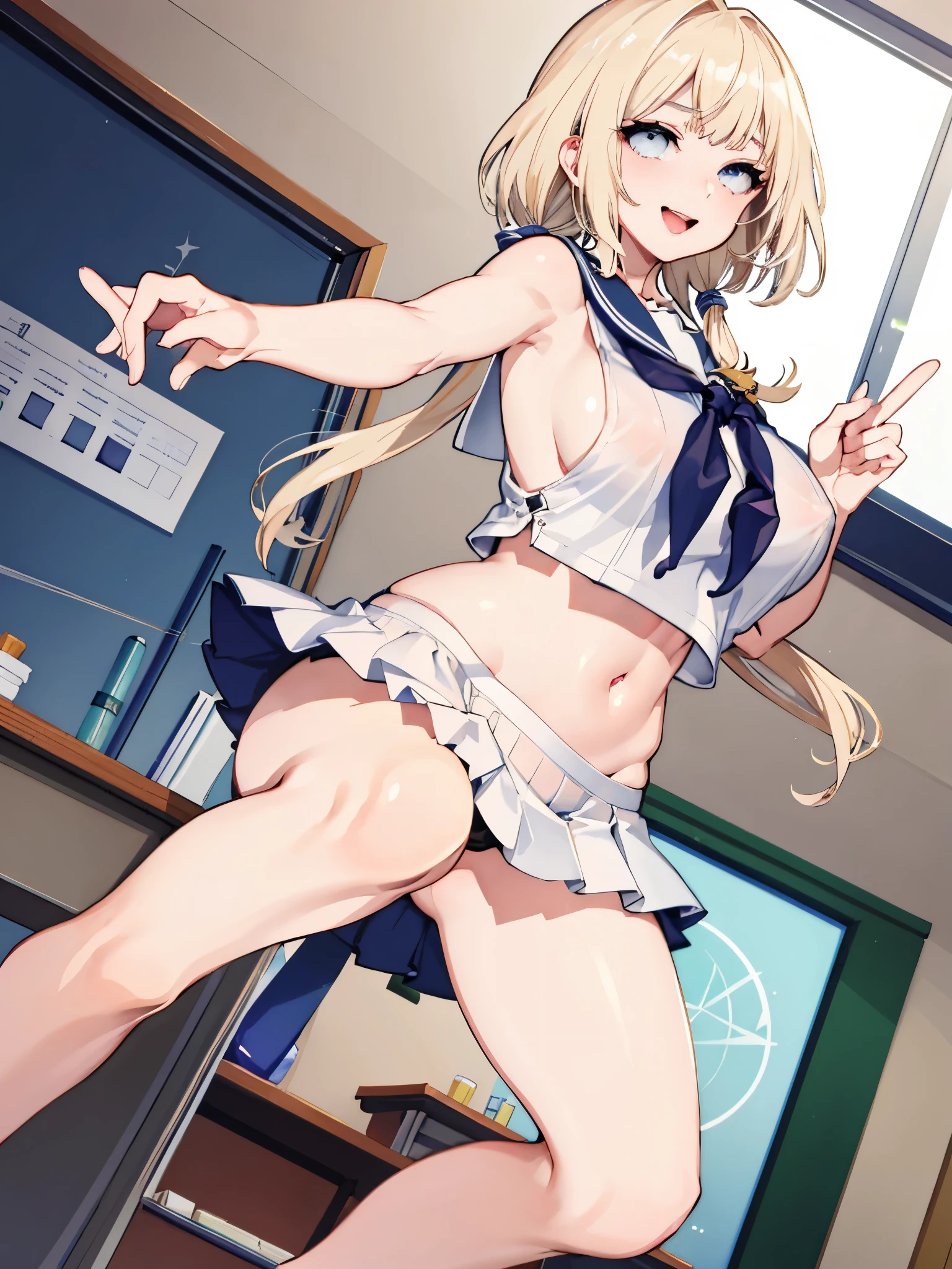 top-quality、realistic touch,high-detail、photoRealstic、thin-waist、captive beauty、big eye、solid platinum-blonde eyelashes、platinum-blonde、full body Esbian、Sparkling eyes、Submissive smile、Flushed cheeks、Kamimei、thin-waist、Voluptuous thighs、Enraptured look、In the classroom of the school、Navel look、She is in estrus、a sailor suit、cocky expression、Colossal tits、Super short skirt with V-line visible、Camera angle from below、Big breasts visible between uniform and stomach、Sleeveless、Squat with open legs、