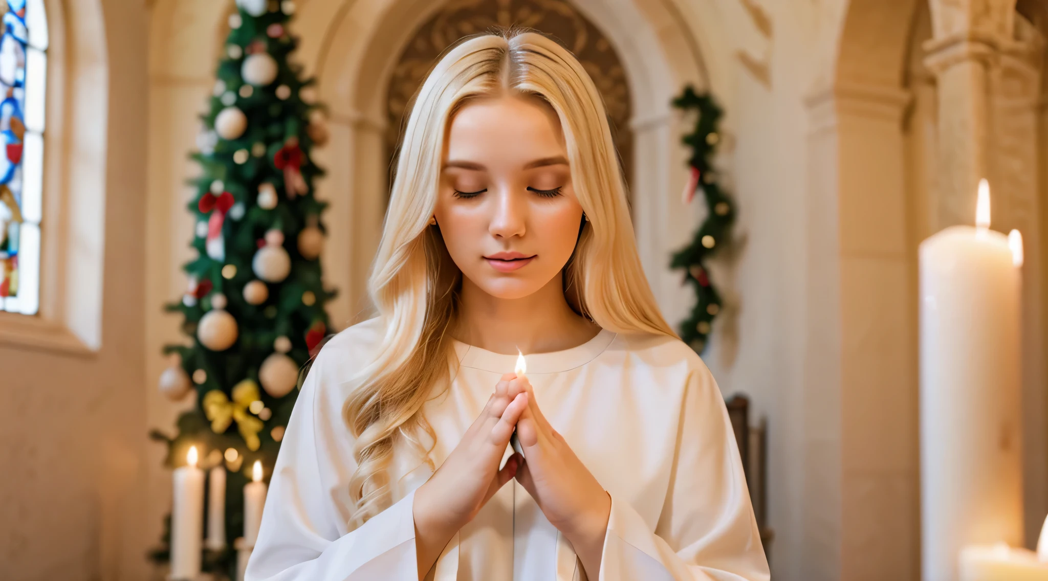 blonde girl put her hands together in prayer: Expresses the importance of spirituality during Christmas.