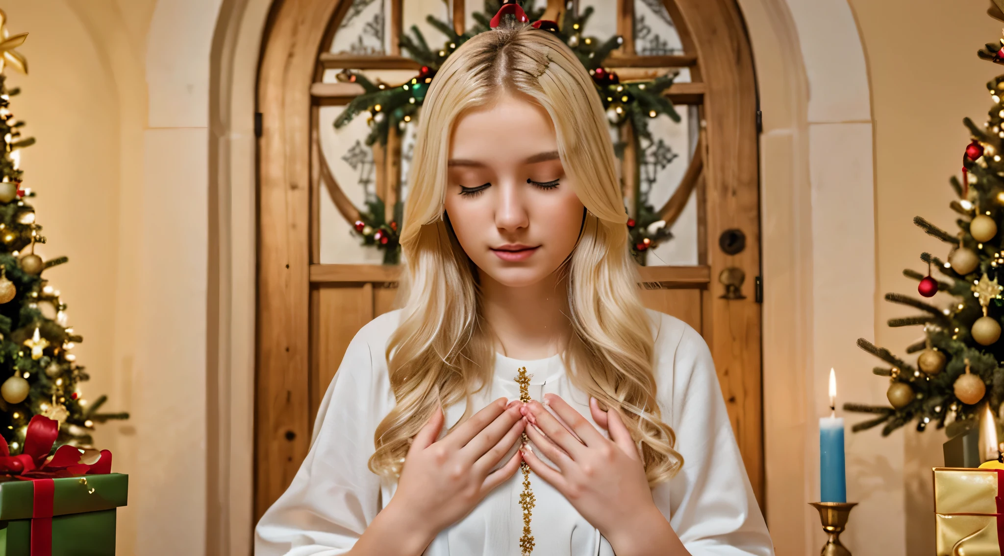 blonde girl put her hands together in prayer: Expresses the importance of spirituality during Christmas.
