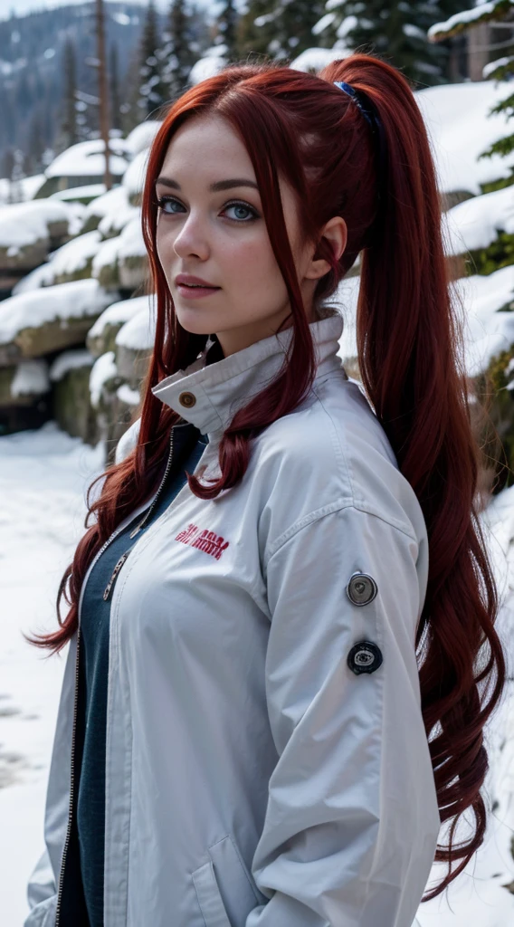 Pretty woman, similar to Amoranth,cute,huge natural breasts, red hair curly/flowing, detailed dark BLUE eyes and face, not to skinny, naughty smile, make it ultra-realistic, western european girl, in the snow in the mountains, clothing colour needs to be anything but green, extremely detailed blue eyes, extremely long wavy red hair, extremely long hair with 2 ponytails, extremely detailed blue eyes, wearing a wrath, detailed photo - 8K, Extremely high quality, extremely long red hair with