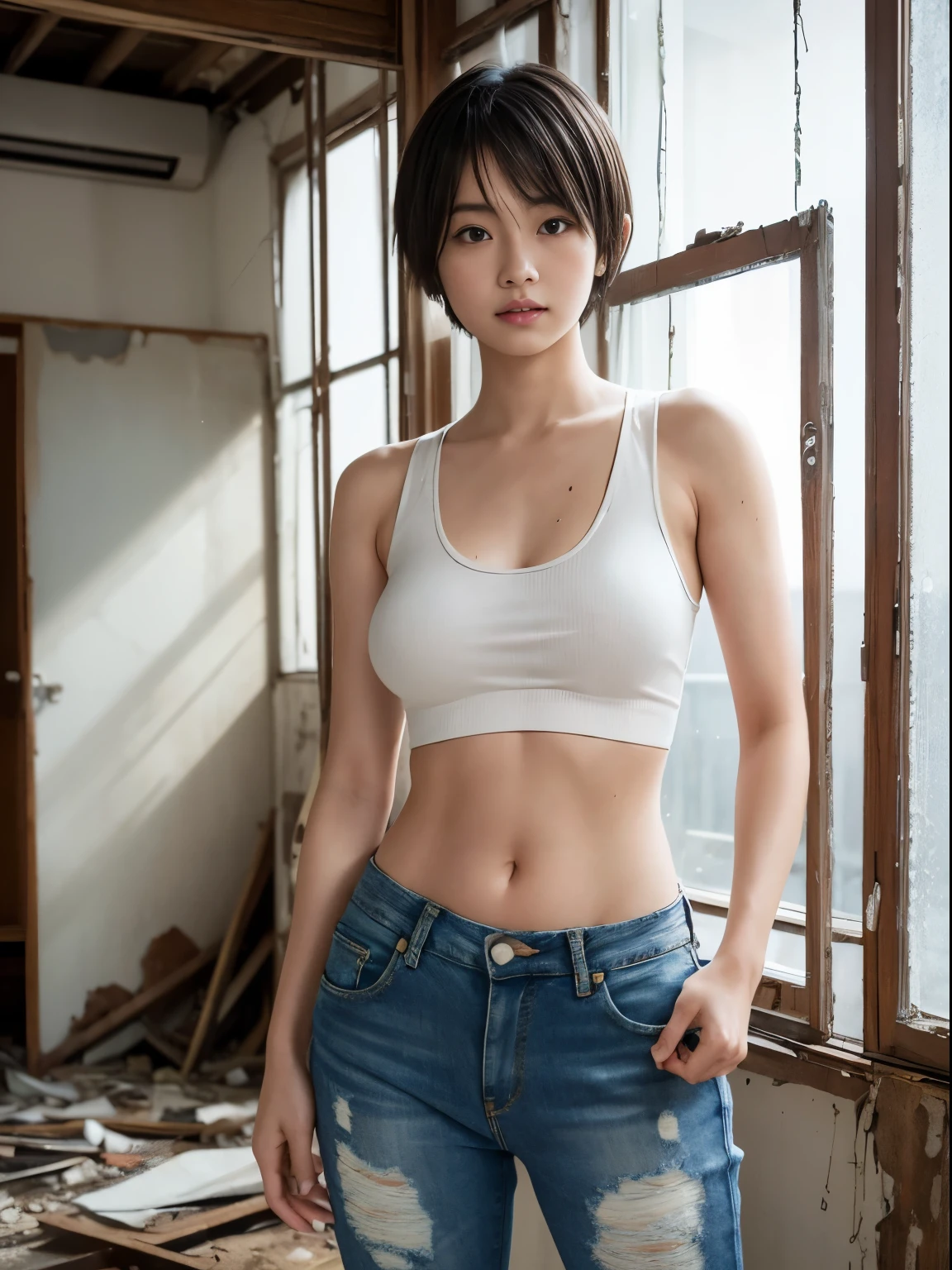 A slight smil,BDSM,damage jeans,Tattered jeans,gargantilha,nsfw,((top-quality、8k、masterpiece:1.3))、Crisp focus:1.2、(layers-Cut、ample breasts:1.2),Beautiful woman with perfect body shape:1.4、Slender abs:1.2、a wet body:1.5、Highly detailed facial and skin texture、A detailed eye、二重まぶた,bob cut hair,(No underhair),(No underwear),Cross-legged
