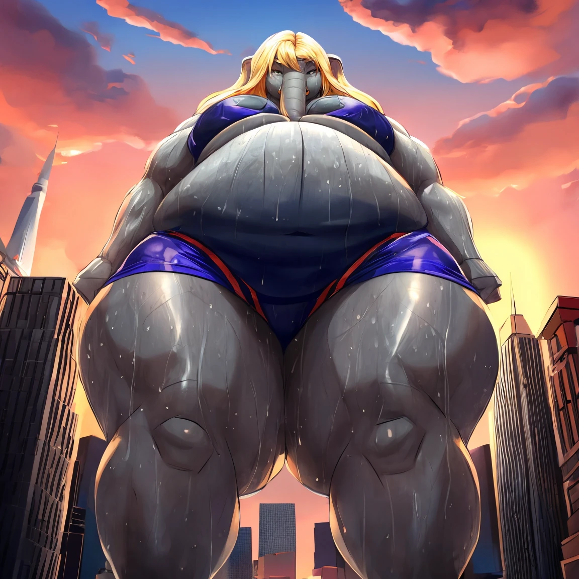 Elephant girl, furry, strong-fat, sumo, ((ssbbw)), ((morbidly obese)), ((insanely gigantic thighs)), ((insanely gigantic hips)), ((giantess)), biceps, ((insanely enormous belly)), grey skin, long blonde hair, kaiju sized, city background, seductive expression, ((tall)), ((leaning on building)), looking down at viewer, looming, very short perspective, wrestling attire, ((sweaty)), ((trunk))