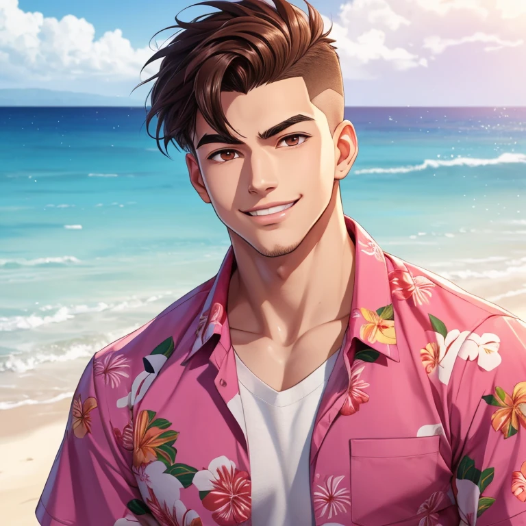 Anime male with a clean face. He was pink lips and when he smiles the side of his lips curl a bit. He has brown eyes and hair. He has a fade on the side and then the top is combed to the side. He likes wearing Hawaiian buttoned t-shirts