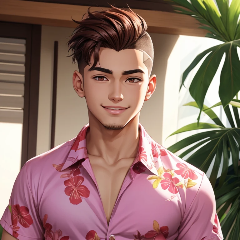 Anime male with a clean face. He was pink lips and when he smiles the side of his lips curl a bit. He has brown eyes and hair. He has a fade on the side and then the top is combed to the side. He likes wearing Hawaiian buttoned t-shirts