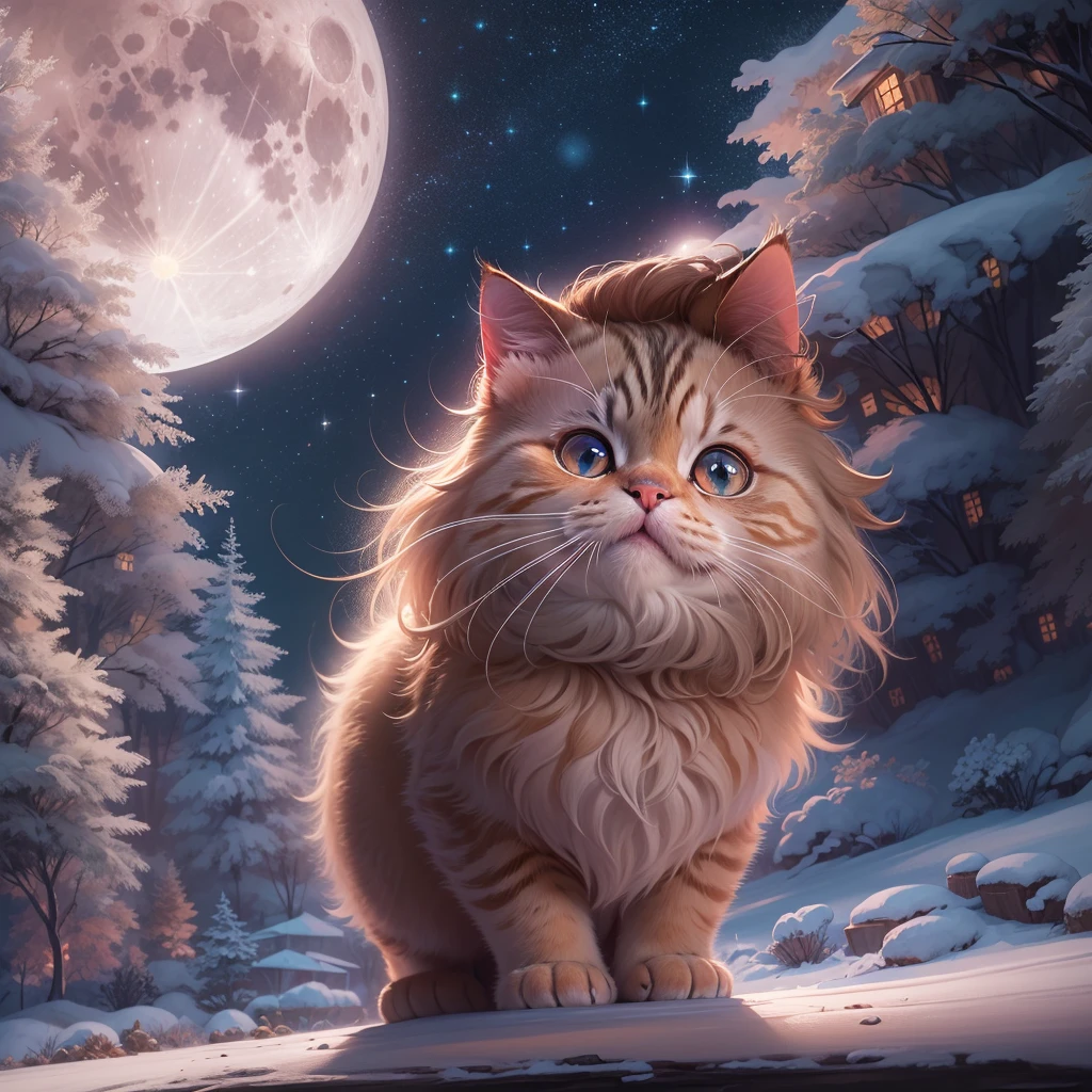 In a winter night sky background, there is a Pixar-style cat wearing a Christmas hat. The cat has bright expressive eyes, a pink nose, and adorable lips. The fur of the cat is fluffy and well-defined. Its face is detailed and full of character. The cat is standing on its hind legs, with a playful and curious expression on its face. Its ears are perked up, showing its alertness. The cat's paws are delicate and agile. The background is filled with sparkling stars and a beautiful full moon, creating a magical atmosphere. The colors in the image are vibrant and vivid, with a warm and cozy color tone. The lighting in the scene is soft and gentle, casting a warm glow on the cat and the surrounding area. The overall image is of the highest quality, with ultra-detailed textures and a realistic and photorealistic style.