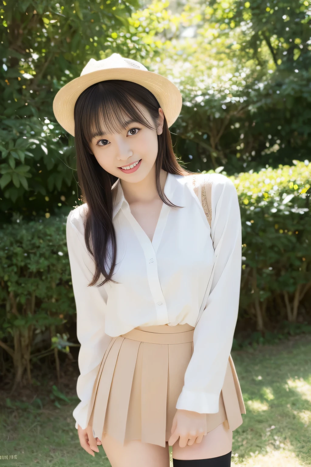 8K raw photos、hight resolution、Japan at the age of 18、beautiful eyes finely detailed、long eyelasher、beautiful double eyelid、eye line、Slender eyes、elongated eye shape、Sansakumaru'Legally thin and beautiful thighs、Random long hair、A smile、girly style costume mini skirt、Cowboy Shot、Black stockings、