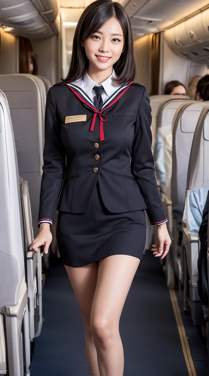 1womanl, 40 years、hyperdetailed face、Detailed lips、A detailed eye、二重まぶた、(Black bob hair、Smiling as you walk slowly down the aisle)、(Stewardess uniform:1.2)、(Glamorous body)、(Colossal tits)、perfect hand, Perfect fingers, thighs thighs thighs thighs, Perfect fit, perfect bodies, face perfect, Perfect image realism, Background with: (Business Class aisle on airplanes:1.2), Cowboy Shot, Meticulous background, detailed costume, Perfect litthing、Hyper-Realism、(Photorealsitic:1.4)、8K maximum resolution, (​masterpiece), ighly detailed, Professional