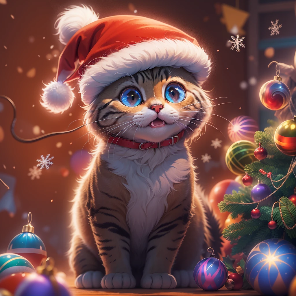 A cat wearing a Christmas hat in Pixar style, (best quality, highres), ultra-detailed, with vibrant colors, cute and expressive eyes, and festive atmosphere, (cartoon, animated, whimsical:1.2), with warm and bright lighting, (festive decorations, snowflakes, Christmas tree), and a joyful expression on its face.