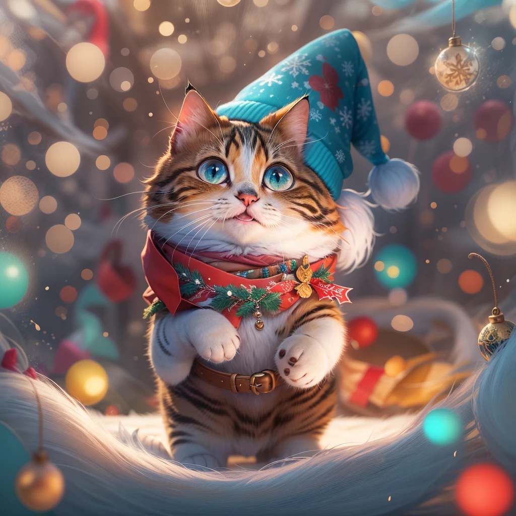 A cat wearing a Christmas hat in Pixar style, (best quality, highres), ultra-detailed, with vibrant colors, cute and expressive eyes, and festive atmosphere, (cartoon, animated, whimsical:1.2), with warm and bright lighting, (festive decorations, snowflakes, Christmas tree), and a joyful expression on its face.