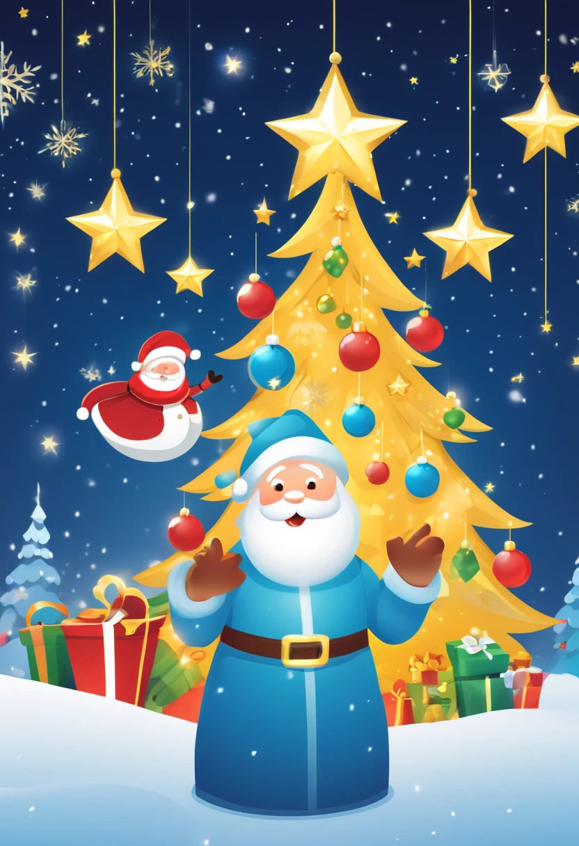 3Drenderingof, christmas eve scene, There is a big Christmas tree in the middle of the poster, Decorado com luzes coloridas, star curtain in the sky, e caixa de presente na neve. Um Papai Noel fofo e gentil segurando presentes, fundo amarelo quente e noite brilhante, with message CRISTIANO WISHES YOU MERRY CHRISTMAS