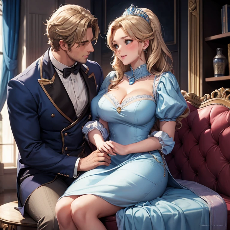 excited blushing cinderella sits on the lap of a handsome man and kisses