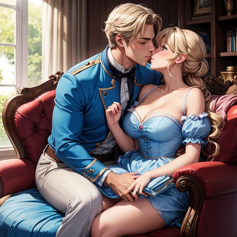 excited blushing cinderella sits on the lap of a handsome man and kisses