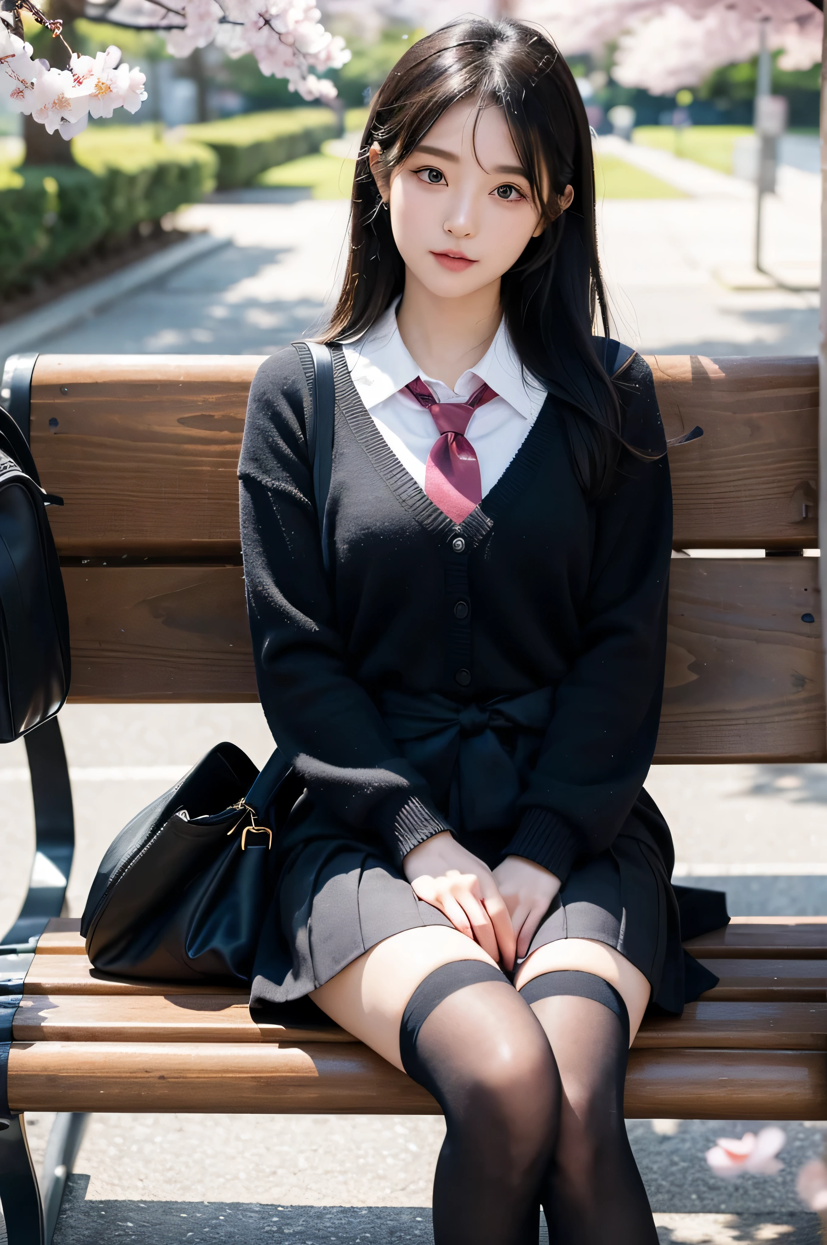 ultra - detailed,Very delicately beautiful,Female Student,Cherry blossoms falling in the background,Girl sitting on a park bench,Wear with stockings,Have beautiful eyes,Fleet Style,oppai,jpn,With short black hair,Black Ribbon Tie,depth of fields,He has a black fan in his hand,put the backpack aside