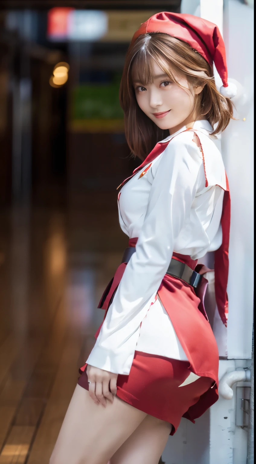 top-quality,ultra - detailed,tmasterpiece,hentail realism,Photorare,Bright lighting,1 girl in, Camera color temperature 3800k、an extremely beautiful -yeld gi (kawaii:1.6),Thin smile, (Brown eyes),(dark brown hair),(By bangs),perfect glossy shiny skins,flawless skin,((erotick,Sexy and sexually explicit)),((Exact pointers,No discomfort)), large full breasts:1.9,big breasts thin waist, looking at viewert,((Red Santa Claus:1.1)),((Red Santa Hat)),(Christmas tree),((Super Miniskirt:1.2、No slit)),(((Skirt lift with their own hands))),(lifted by self),(Stand with your feet together)), knee high socks,(Loafer shoes), In the daytime,Station platform、Hands behind your back