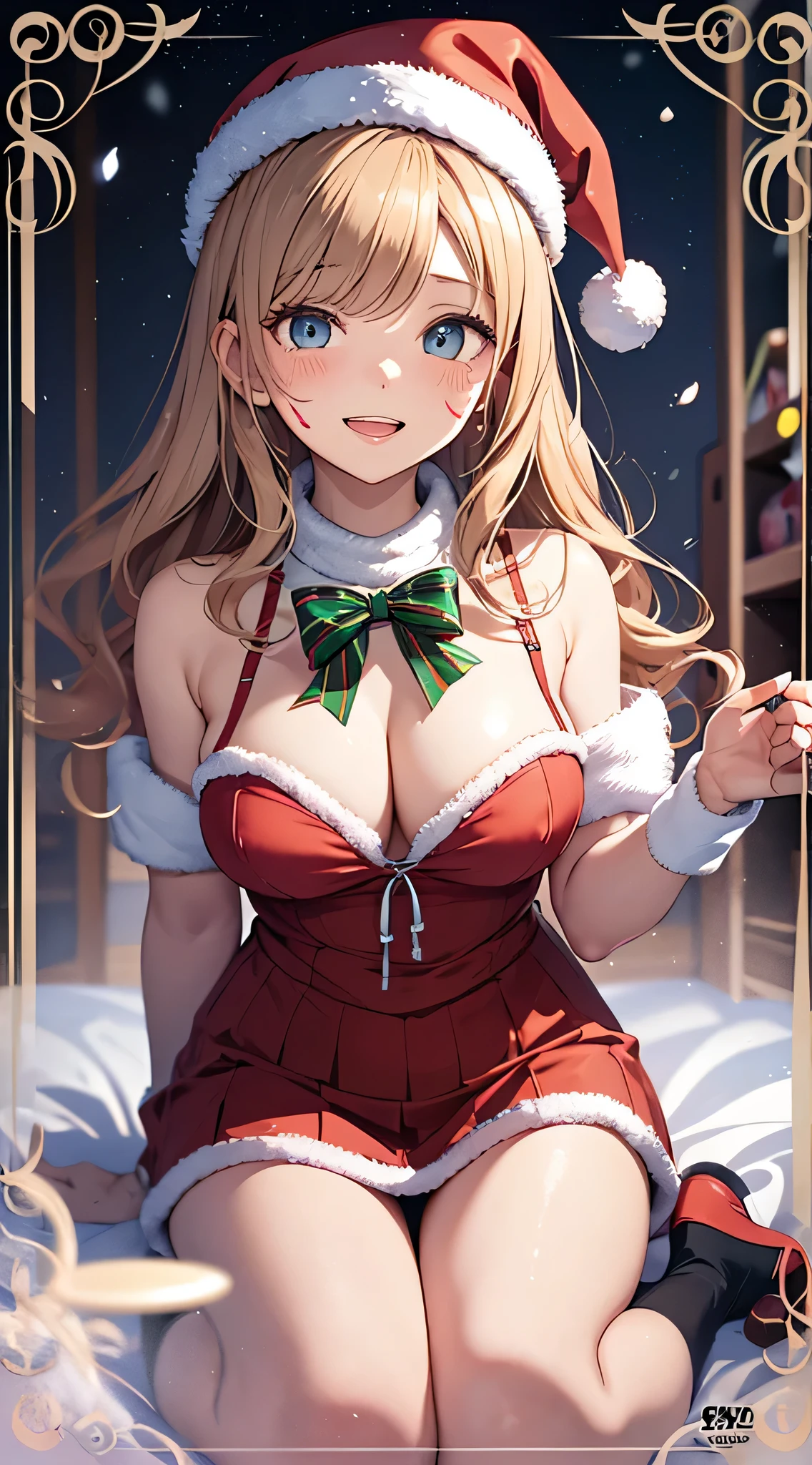 top-quality、Top image quality、masterpiece、teens girl((Cute Santa Costumes、santa style short skirt、santa style tank top、、 Ager、Best Bust、big bast,wide open breasts、Beautiful light blue eyerest, a blond、A slender,Large valleys、Reflecting the whole body、Laugh、dye one's cheeks red、Red Body Paint、Red Face Paint、be shy、heart mark、face to viewer、Hold the gift bag in your right hand)),hiquality、Beautiful Art、Background with(( natta、snowflakes falling、Nice and clean room.、Christmas Party、Party Venue、Christmas Lights、Christmas tree、)))、masutepiece、depth of fields,