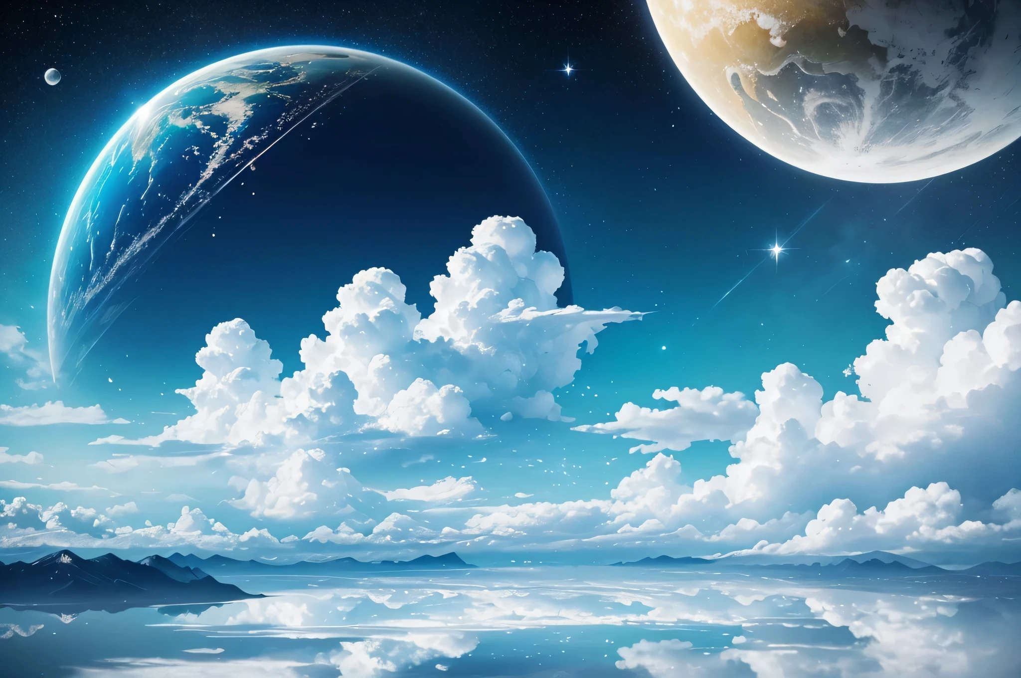 blue白色调,beautful view,beautiful white building,all white fantasy scene,((Super spectacular)),(Different levels of transformation crystals, crystals,Super quality,tmasterpiece,Super refined,A lot of detail,There is fog,美丽的sky sky与恒星和行星,宇宙sky sky的风格场景, sky sky, heaven planet in background,arte de fundo,blue,Glowing white particles,golden colored,mirror ocean,white beach,White bird,Magnificent epic scenery,detailed clouds,sankta