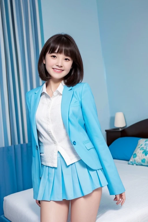 top-quality、​masterpiece、real 18 year old woman、barechested、My chest is hidden by my blazer、Mini Pleated Skirt、No underwear、The background is a cute light blue room、Short black hair、a smile、hight resolution、