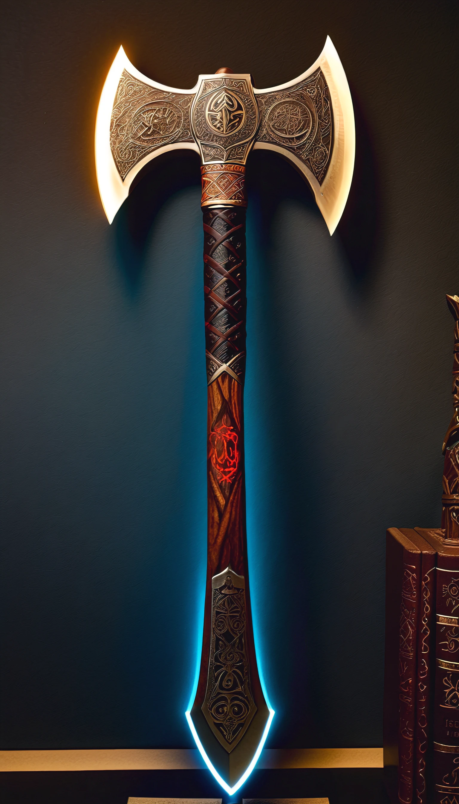 (masterpiece, best quality), (a legendary battle axe on display), ancient power, glowing magic, etched with sigils and runes, intricate design but functional, elaborate details