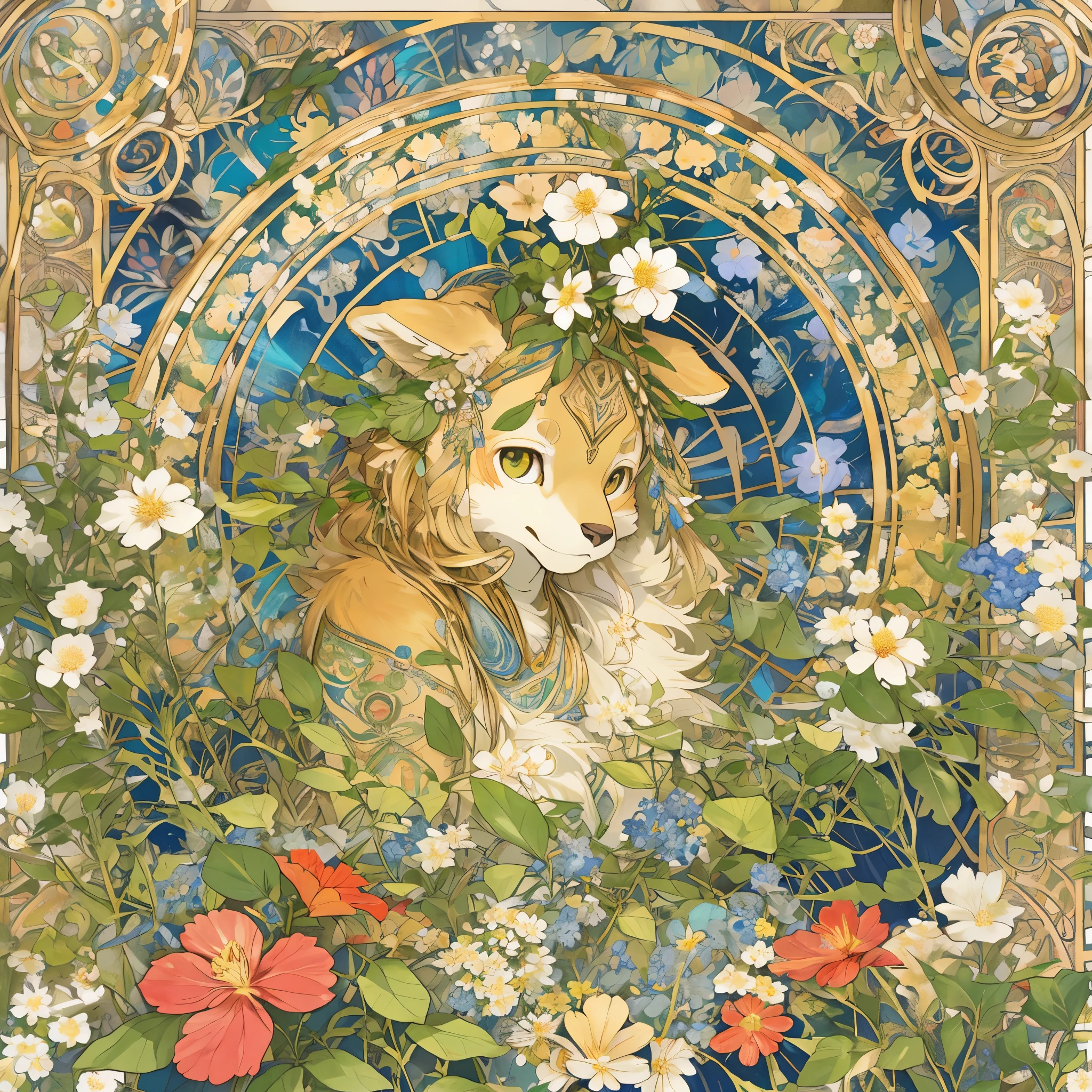 top quality, best quality, logo mark, stamp, Geometric pattern, vector-art, High-quality illustrations by Alfons Mucha, masterpiece(kemono, furry anthro)flower,